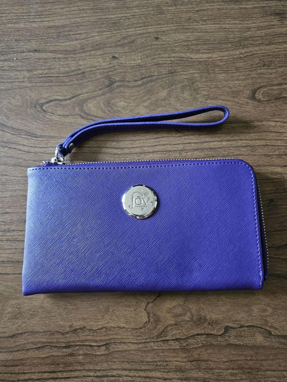 Joy Mangano Purple Leather Wristlet With Metal Logo